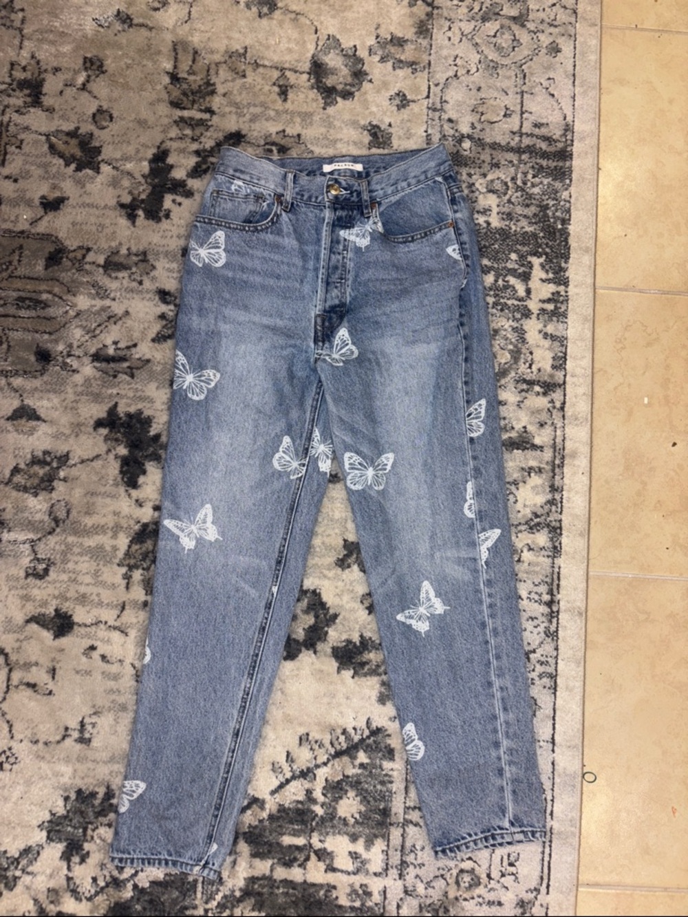 PacSun Light Blue Straight Leg Jeans with White Butterfly Print